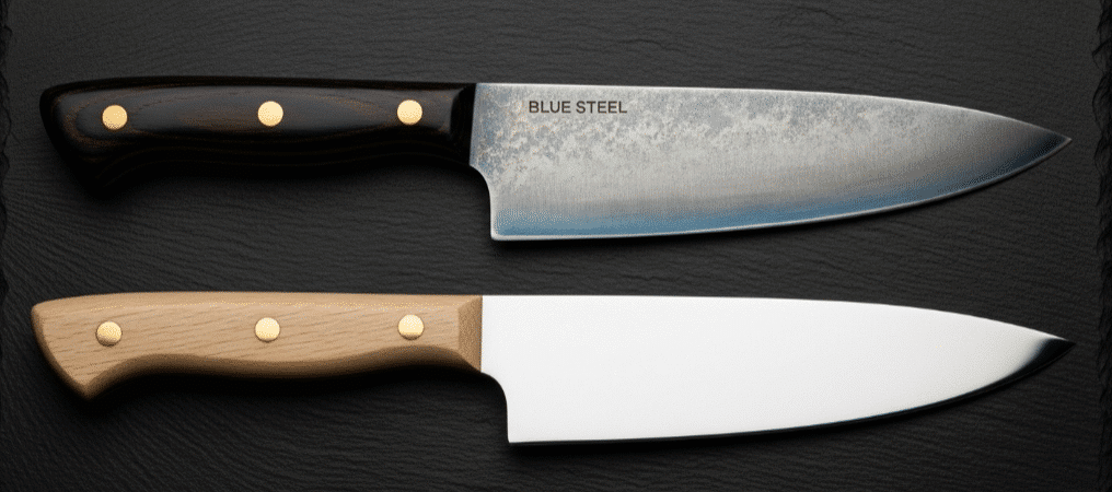 Blue Steel and White Steel Knive - Japanes Knives Tips A closeup image of a Blue Steel and White Steel knive.