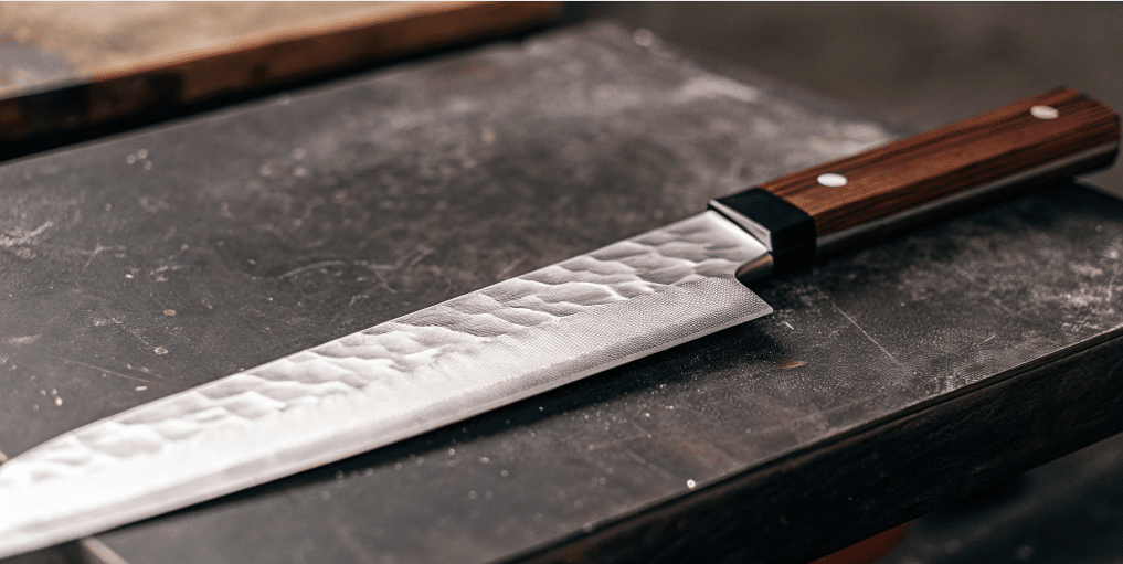 The image showcases a Bunka knife with a sleek, thin blade and a traditional wood handle, emphasizing its lightweight design and ergonomic grip. The knife's sharp point and flat edge make it ideal for precision work, such as slicing vegetables and trimming meat, while providing ample knuckle clearance for home cooks.