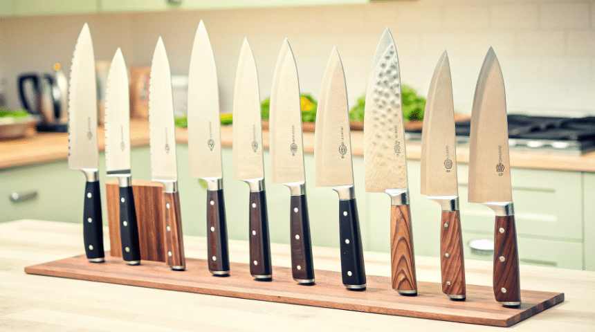 Buy Gyuto Knives - Japanes Knives Tips The image depicts a variety of gyuto knives displayed in a kitchen setting, showcasing their sharp blades and pointed tips, ideal for precision chopping, slicing, and dicing of vegetables and meat. The collection features different types of Japanese knives, including those from Sakai Takayuki, highlighting their versatility and balance for any chef.