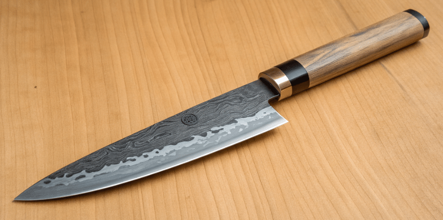 This image showcases a high-quality carbon steel knife, highlighting its razor sharp edge and excellent balance, ideal for precise cuts in everyday prep. The craftsmanship of Japanese blacksmiths is evident in the blade's lightweight design, making it a versatile tool for slicing vegetables and meats while requiring proper maintenance to prevent rust.