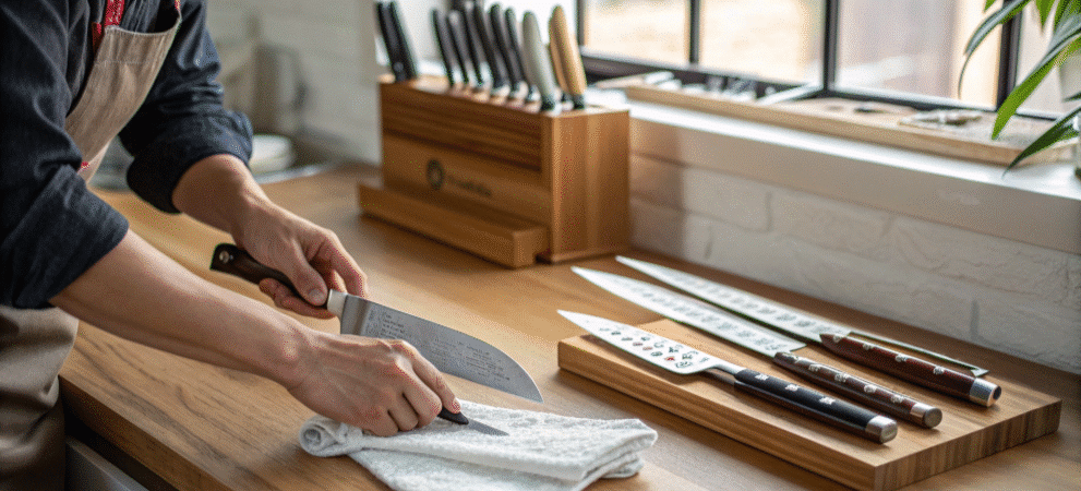 Care For Japanese Knives - Japanes Knives Tips A chef caring for a Japanese knive.