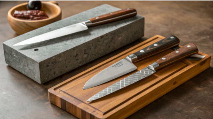The image illustrates the proper care and maintenance of Tenkumun knives, showcasing a whetstone and sharpening steel used for keeping their razor sharp edges. It emphasizes the importance of storing these handcrafted blades in a dry place, like a knife block, to ensure their durability and outstanding performance for both professional chefs and home cooks.