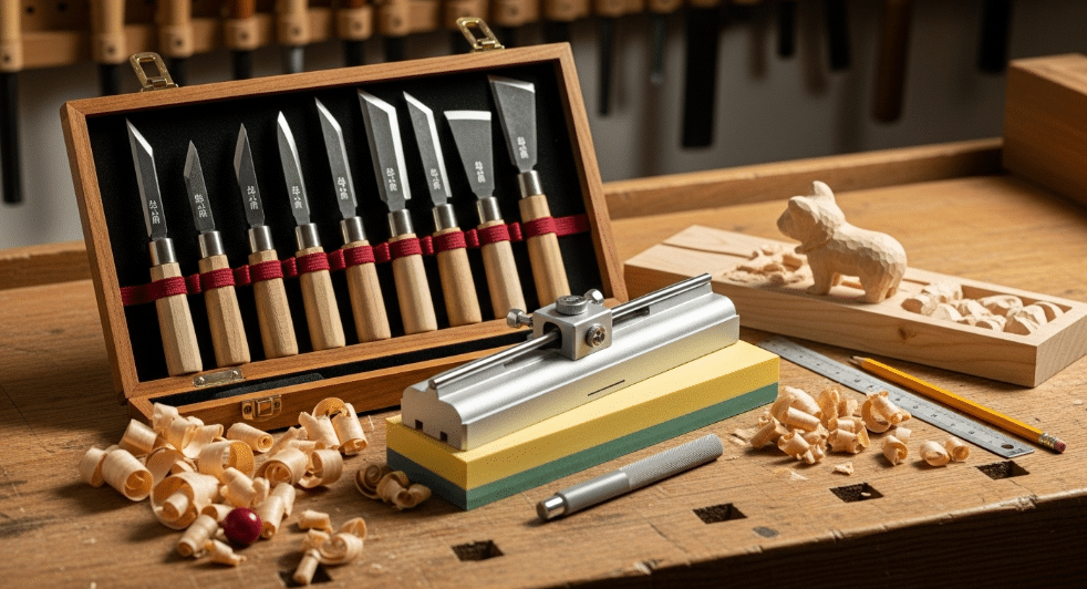 Care for Your Japanese Wood Carving Knives - Japanes Knives Tips The image depicts a well-organized workspace featuring a set of Japanese wood carving knives made from high carbon steel, neatly arranged alongside sharpening tools such as a honing guide and sharpening stone. The knives, with their sharp blades, are stored in a protective case, emphasizing the importance of care and maintenance in woodworking.