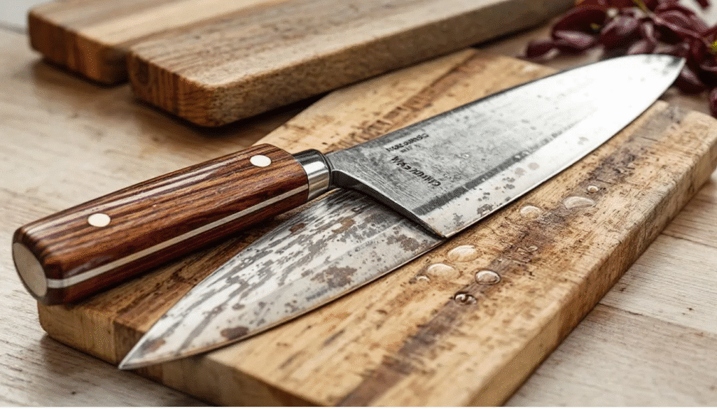 Caring for Your Masamoto Knife - Japanes Knives Tips The image depicts a Masamoto knife resting on a wooden cutting surface, showcasing its polished white steel blade and full tang handle, which reflects the craftsmanship of traditional Japanese knives. The knife is positioned alongside various fresh ingredients, such as vegetables and fish, emphasizing its role as an essential tool for professional and celebrity chefs in creating exquisite dishes.
