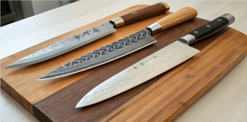 Chefs Knives - Japanes Knives Tips The image showcases a collection of traditional Japanese knives, including a gyuto chef's knife, a yanagiba knife for slicing raw fish, and a deba knife for meat preparation, all displayed on a wooden cutting board. The knives feature razor sharp edges and slender blades, emphasizing their exceptional craftsmanship and suitability for various kitchen tasks in Japanese cuisine.