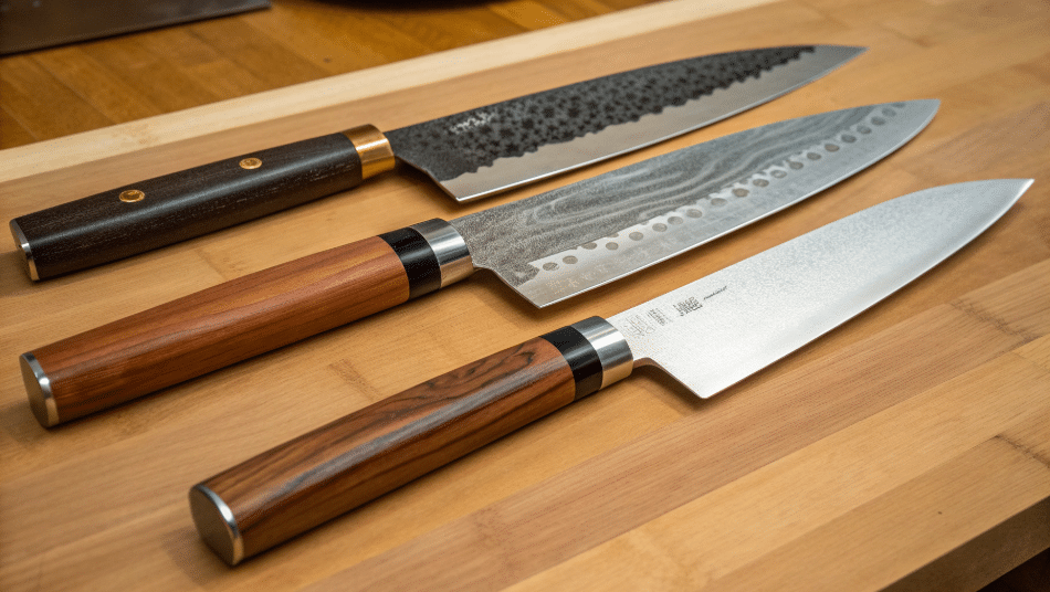 An image showcasing a selection of kiritsuke knives laid out on a wooden kitchen countertop, featuring different blade materials and handle styles. The knives, known for their sharp edges and versatility in slicing vegetables and fish, highlight the craftsmanship of Japanese kitchen knives, appealing to both home cooks and professional chefs.