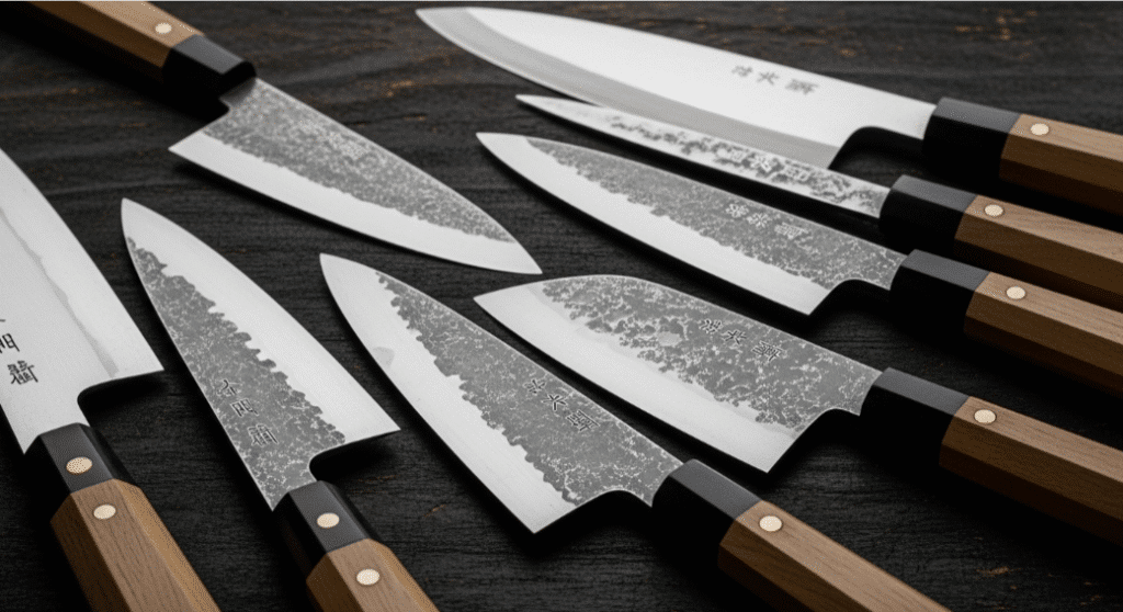 The image showcases a collection of high carbon steel Japanese knives, highlighting their sharp edges and craftsmanship. These carbon steel knives, known for their durability and long-lasting sharpness, reflect the rich tradition of Japanese bladesmithing.