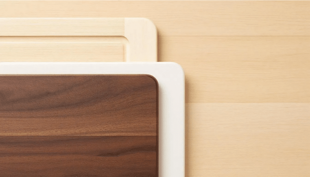 Cutting Boards - Japanes Knives Tips The image illustrates a variety of cutting boards, highlighting the importance of selecting the right surface for using Japanese knives. It showcases wooden and bamboo boards, which are ideal for maintaining the sharpness of high carbon steel knives, ensuring proper care and preventing dulling or damage to the blade.