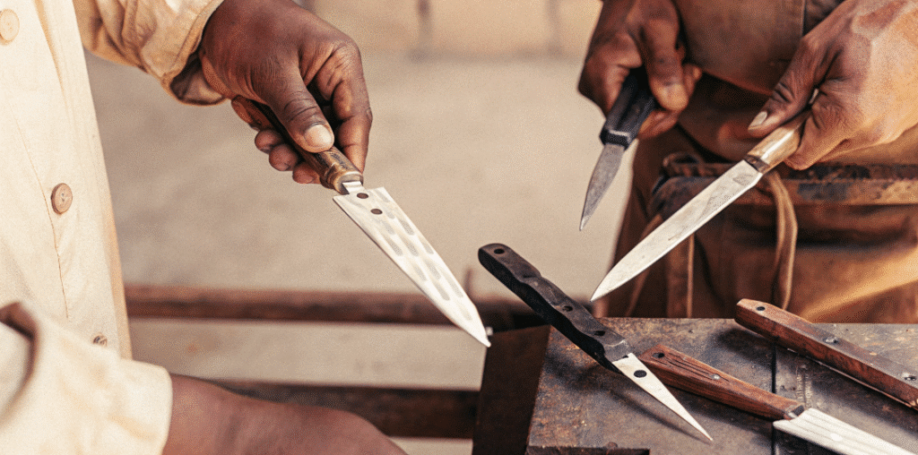 Design and Features - Japanes Knives Tips The image features a collection of kiridashi knives, showcasing their unique designs and features. Each knife displays a single bevel edge for precise cutting, a flat back for accurate marking, and various handle textures for a secure grip, highlighting the craftsmanship of Japanese high carbon steel in both functional and artistic shapes.