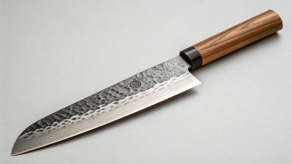 The image showcases a kiritsuke knife, highlighting its unique design features such as the angled tip and single bevel edge, which are essential for precise cutting tasks in Japanese cuisine. The blade, made from high-quality Japanese steel, is complemented by a wooden handle that allows for a comfortable grip, ideal for both professional chefs and home cooks.