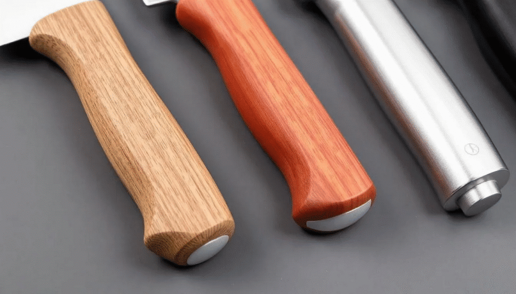 The image showcases a variety of chef's knives with different handle materials, including wood, plastic, and metal, highlighting their unique textures and shapes. It emphasizes the importance of comfort and grip style, illustrating how handles can vary in thickness to accommodate both smaller and larger hands, ensuring a secure and controlled hold while chopping vegetables or slicing meat.