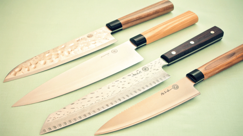 Different Japanese Chef Knives - Japanes Knives Tips The image showcases a variety of Japanese chef knives, featuring different blade materials such as high carbon steel and stainless steel blades. Each knife exhibits a sharp edge and ergonomic handle, emphasizing their superior sharpness and cutting performance ideal for both professional chefs and home cooks.