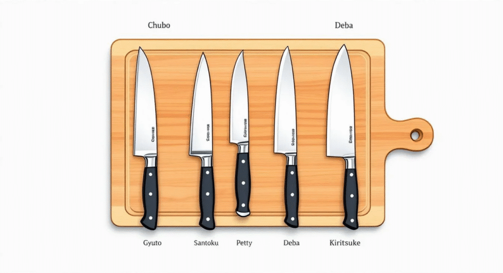 The image showcases various types of Chubo knives, including a Gyuto for versatile slicing and dicing, a Santoku for everyday prep, a Petty for detailed cuts, and specialized Deba and Kiritsuke knives for filleting fish. Each knife is crafted by Japanese blacksmiths, featuring high carbon steel blades that ensure a razor sharp edge and superior performance in the kitchen.