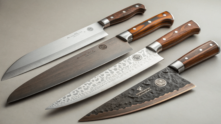 The image showcases a variety of Tenkumun knives, including a chef's knife, paring knife, slicing knife, and filleting knife, each designed for specific kitchen tasks. These handcrafted blades feature razor sharp edges and ergonomic handle designs, making them essential tools for both professional chefs and home cooks.