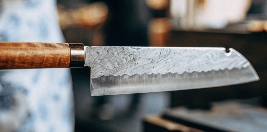 The image showcases a Japanese bunka knife, highlighting its sharp, thin blade with a double bevel edge that allows for versatile cutting techniques like push cutting and chopping vegetables. The traditional wooden handle offers a comfortable grip, making it ideal for home cooks seeking precision and control in their culinary tasks.