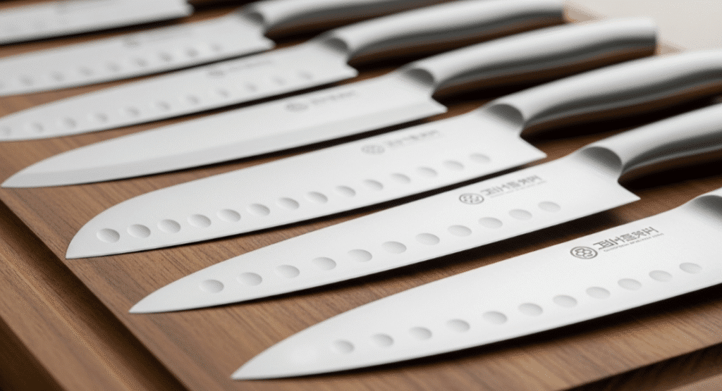 The image features a collection of sleek santoku knives, showcasing their sharp blades and dimpled edges, arranged neatly on a wooden cutting board. These versatile Japanese knives, ideal for precision cutting tasks like slicing vegetables and dicing meat, highlight their stainless steel craftsmanship and ergonomic design.
