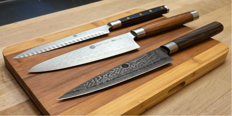 Getting to Know Japanese Knives - Japanes Knives Tips The image features a collection of traditional Japanese knives, including a gyuto chef's knife and a yanagiba knife, displayed on a wooden cutting board. The sharp blades, showcasing exceptional craftsmanship and razor-sharp edges, are designed for various kitchen tasks such as slicing raw fish and dicing vegetables, highlighting the precision and artistry of Japanese knife making.