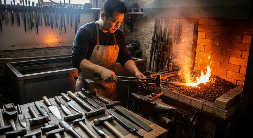 The image depicts the heat treatment process of Japanese knife steels, showcasing a craftsman skillfully heating and cooling high carbon steel to enhance its hardness and toughness. This meticulous technique ensures that the resulting Japanese kitchen knives maintain a sharp edge while exhibiting durability and resistance to chipping.