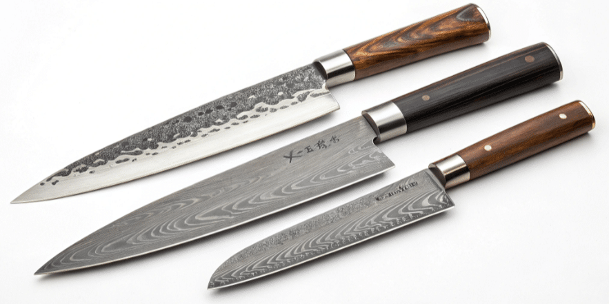 The image showcases a collection of high carbon steel knives, prominently featuring Aogami steel, known for its excellent edge retention and sharpness. These blades, crafted from high carbon steels, exhibit high hardness and durability, making them highly recommended among knife enthusiasts for their ability to maintain a sharp edge without becoming brittle.