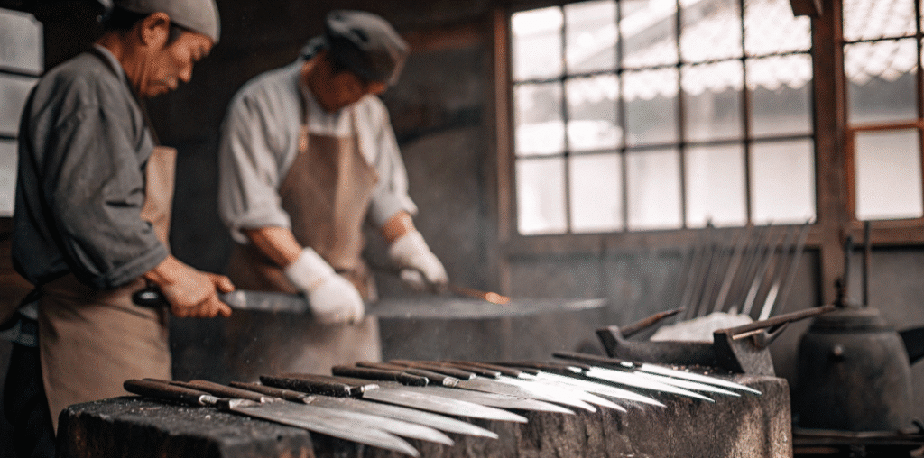 History - Japanes Knives Tips The image depicts a traditional knife-making shop in Takefu Knife Village, located in Echizen City, Fukui Prefecture, showcasing skilled craftsmen at work as they forge high-quality knives. The scene highlights the rich history of knife making in the area, emphasizing the sharpness and durability of the blades being crafted.
