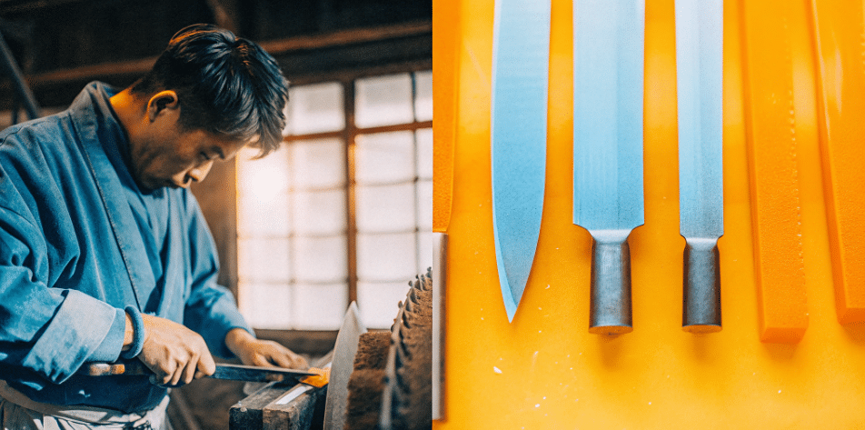 How Knives Are Made - Japanes Knives Tips The image depicts skilled craftsmen in Takefu Knife Village, Fukui Prefecture, meticulously forging and sharpening knives, showcasing the intricate process of blade making. Each step, from selecting materials to achieving razor sharpness, highlights the dedication and craftsmanship that goes into creating these popular tools in the Echizen area.