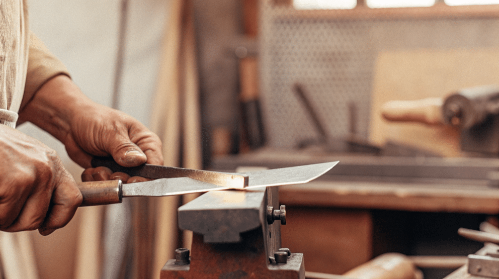 The image depicts the intricate process of how Kotetsu knives are made, showcasing a skilled knife maker crafting a gyuto knife with a sharp point and cutting edge, designed for precision in cooking and scoring vegetables and meat. The craftsmanship reflects Japan's rich history in knife making, emphasizing the beauty and accuracy of these renowned Japanese knives.