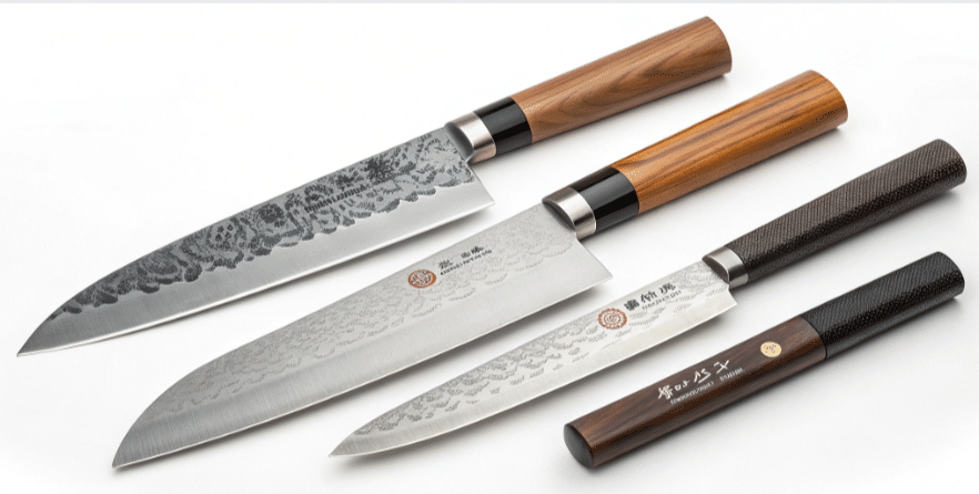 The image showcases a collection of high-quality Japanese knives, including carbon steel and stainless steel options, highlighting their razor sharp edges and excellent balance. These hand-forged blades, crafted by skilled Japanese blacksmiths, are designed for precise cuts in everyday cooking, making them essential tools for home cooks and chefs alike.