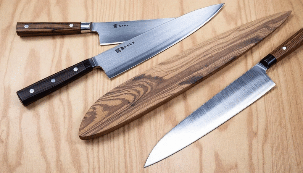 The image showcases a beautifully crafted Japanese bunka knife, featuring a distinctive curved blade and a sharp point, ideal for versatile kitchen tasks such as slicing vegetables and precision work. Its elegant design and double bevel edge highlight the unique craftsmanship of Japanese knives, making it a perfect choice for both home cooks and professional chefs.