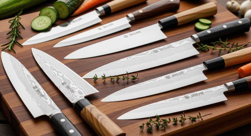 The image features an array of beautifully crafted Japanese knives, including santoku knives and chef knives, displayed on a wooden cutting board. The sharp blades, showcasing precision and craftsmanship, are designed for various cutting tasks such as slicing vegetables and dicing meat, highlighting their versatility and superior edge retention.