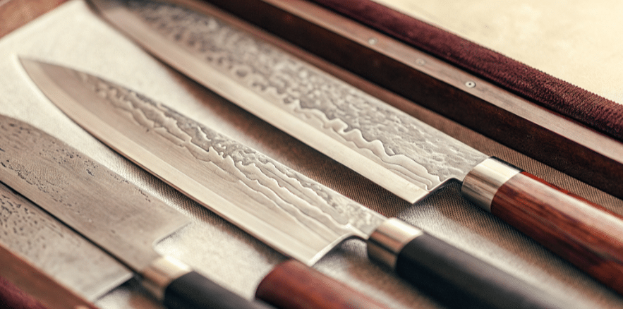 The image features a selection of Japanese knives made from various high carbon steels, including blue steel and shirogami steel, known for their excellent edge retention and sharpness. Many knife enthusiasts appreciate the quality and craftsmanship of these blades, which are capable of attaining high hardness and durability.
