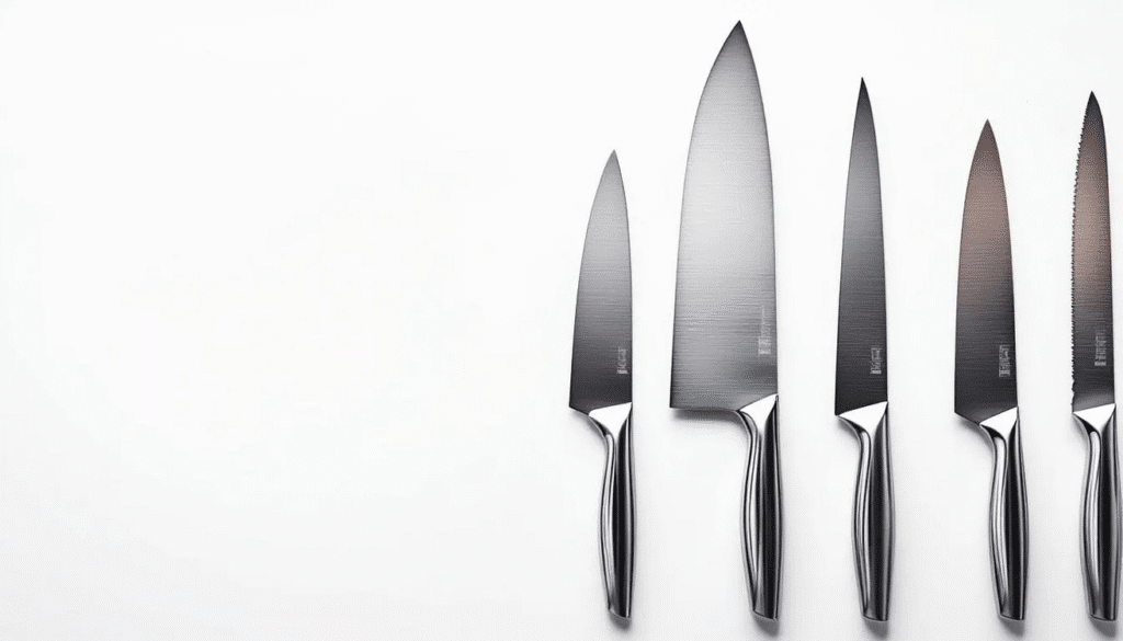 The image showcases a variety of kitchen knives, including Japanese knives known for their precision and German knives prized for their strength, arranged on a wooden cutting board. Each knife features a distinct blade's edge, demonstrating the differences in design and material, essential for home cooks to understand when selecting the right tool for chopping vegetables or slicing meat.