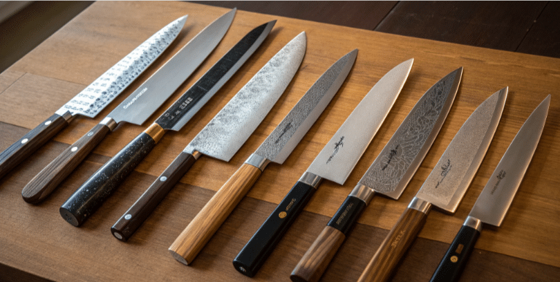 Different Japan knife types on a wooden board