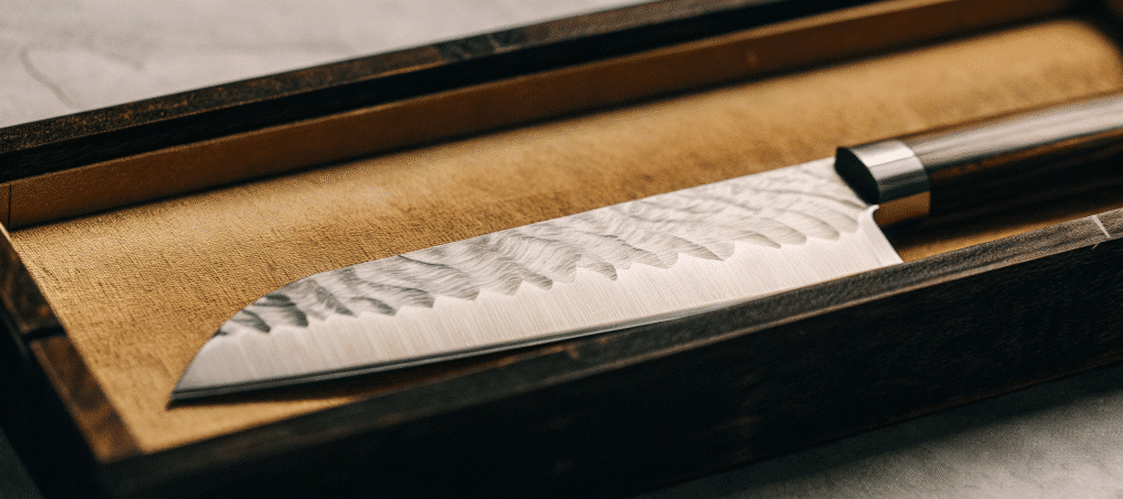 A closeup of a sharp Japanese Bunka Knife.