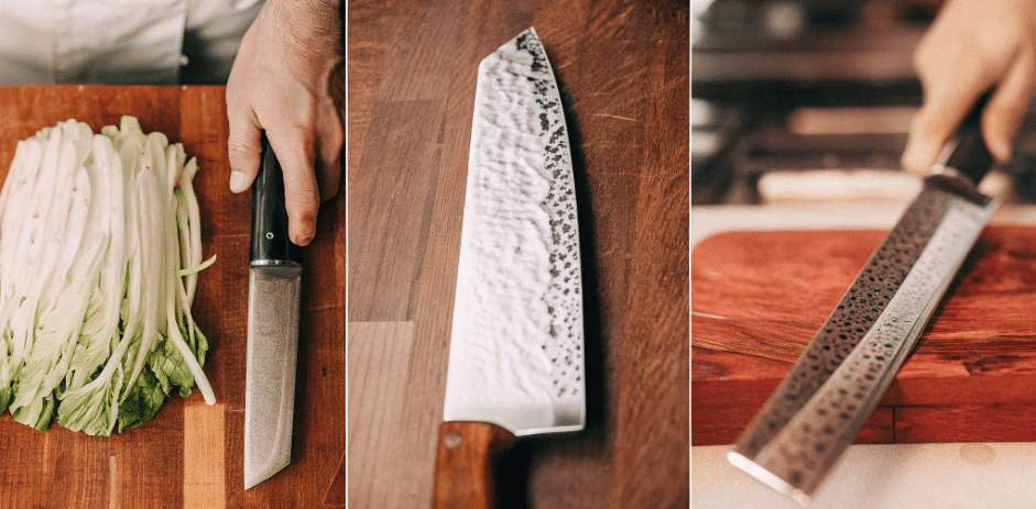The image showcases a Japanese cleaver knife alongside a butcher knife, a Chinese cleaver, and a nakiri knife, highlighting their distinct features. The Japanese cleaver is characterized by its thin, sharp blade, designed for clean slicing, while the heavier Chinese cleaver and the vegetable-focused nakiri knife demonstrate different blade shapes and uses in the kitchen.