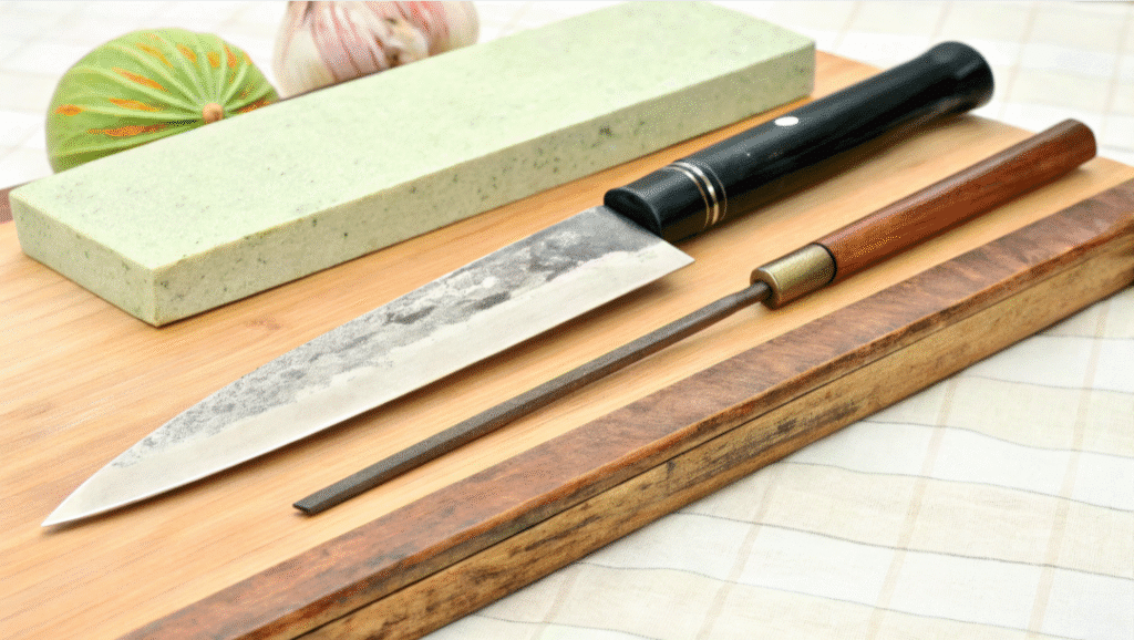 Japanese Knives Care - Japanes Knives Tips The image illustrates the importance of proper care for Japanese knives, showcasing a traditional Japanese knife alongside a sharpening stone and honing rod. It emphasizes the need for maintenance, including hand washing, drying immediately, and using food-grade mineral oil to prevent rust and maintain sharpness for precision cutting in the kitchen.