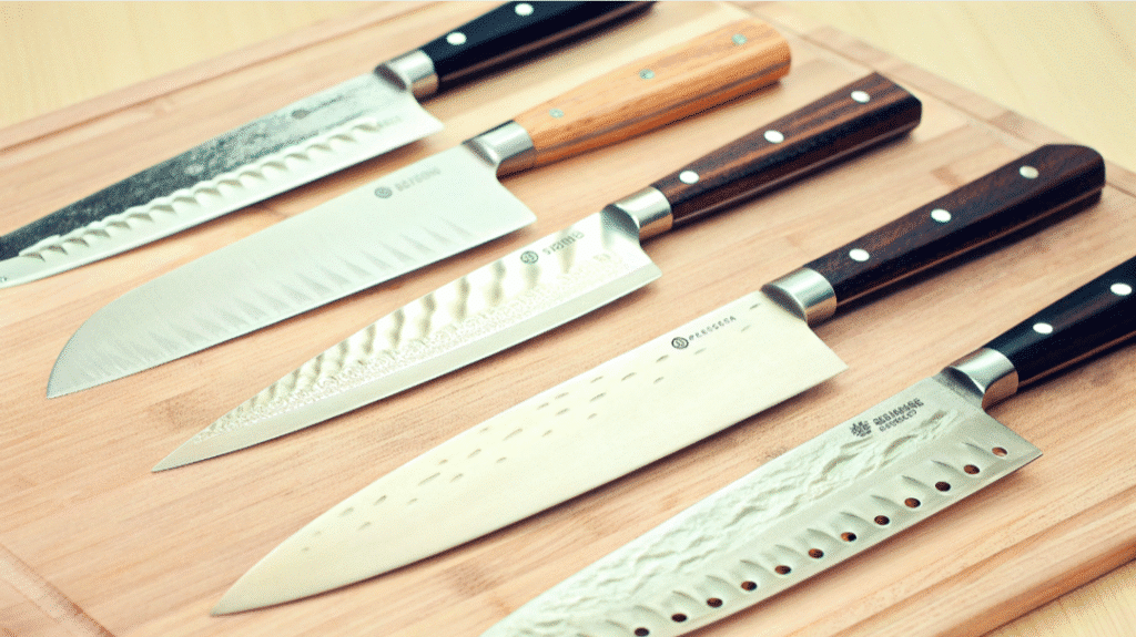 Japanese Knives Wooden Board - Japanes Knives Tips The image showcases a collection of exquisite Japanese knives, highlighting their high carbon steel blades that offer superior sharpness and edge retention. Each knife features an ergonomic handle and a thin blade design, making them ideal for precise cuts in the kitchen, appealing to both professional chefs and home cooks alike.
