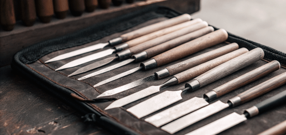 Japanese Wood Carving Knives - Japanes Knives Tips A closeup photo of Japanese Wood Carving Knives in a case.