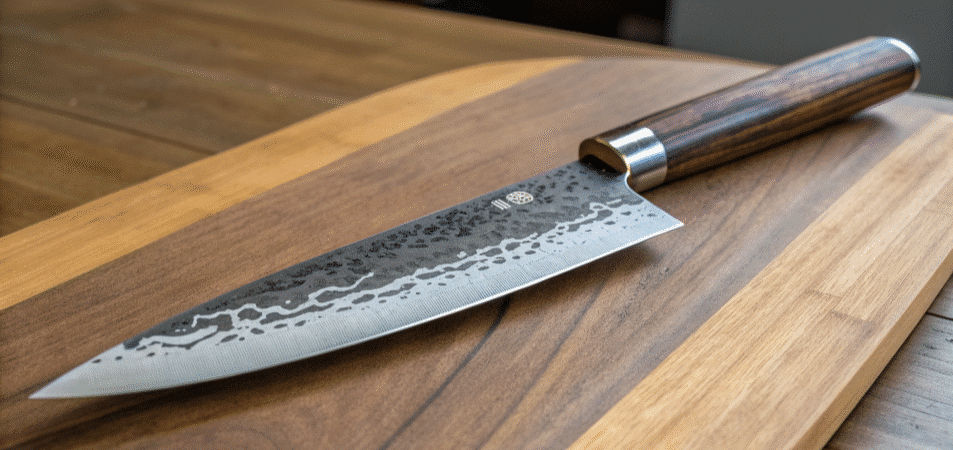 A closeup image of a Kiritsuke knife on a wooden board.