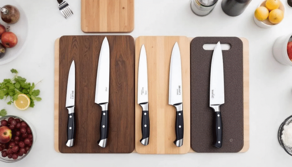 The image depicts a well-maintained chef's knife resting on a wooden cutting board, emphasizing the importance of proper care and maintenance for kitchen knives. The knife's sharp blade is positioned safely, illustrating the recommended storage methods to protect its cutting edge and ensure longevity.