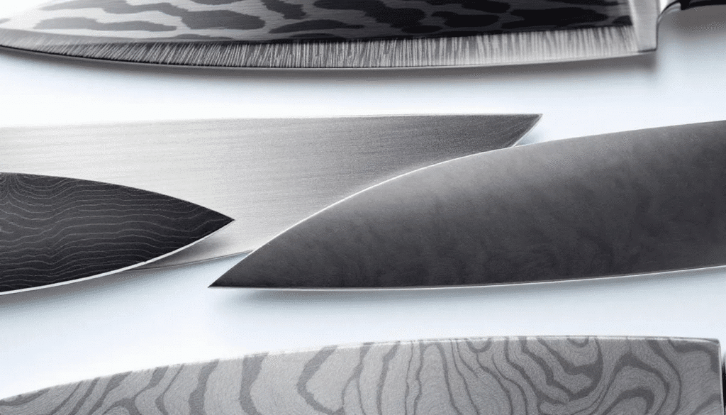 The image showcases a variety of knife materials, including stainless steel and carbon steel options, arranged on a cutting board. Among them are santoku knives and western style chef's knives, highlighting their sharp blades and versatility for precision cutting tasks like slicing vegetables and cutting meat.