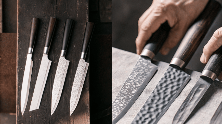 The image showcases a collection of beautifully crafted Kotetsu knives, highlighting their Japanese influence in design and functionality. Each knife, including the gyuto and nakiri types, features a sharp point and cutting edge, ideal for chefs engaged in cooking meat and scoring vegetables with precision.