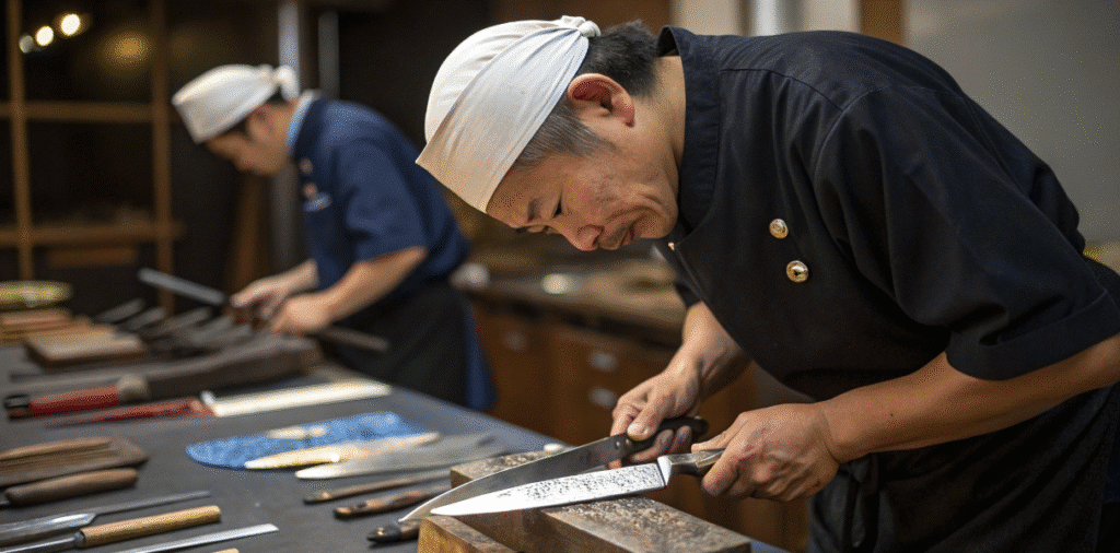 Masamato Craftsmanship - Japanes Knives Tips The image showcases skilled craftsmen meticulously forging a Masamoto knife, emphasizing the traditional Japanese craftsmanship that creates a durable edge from high-grade carbon steel. The finishing stages highlight the attention to detail, resulting in an extremely sharp and polished blade that stands out among other knives, making it a favorite among professional and celebrity chefs.