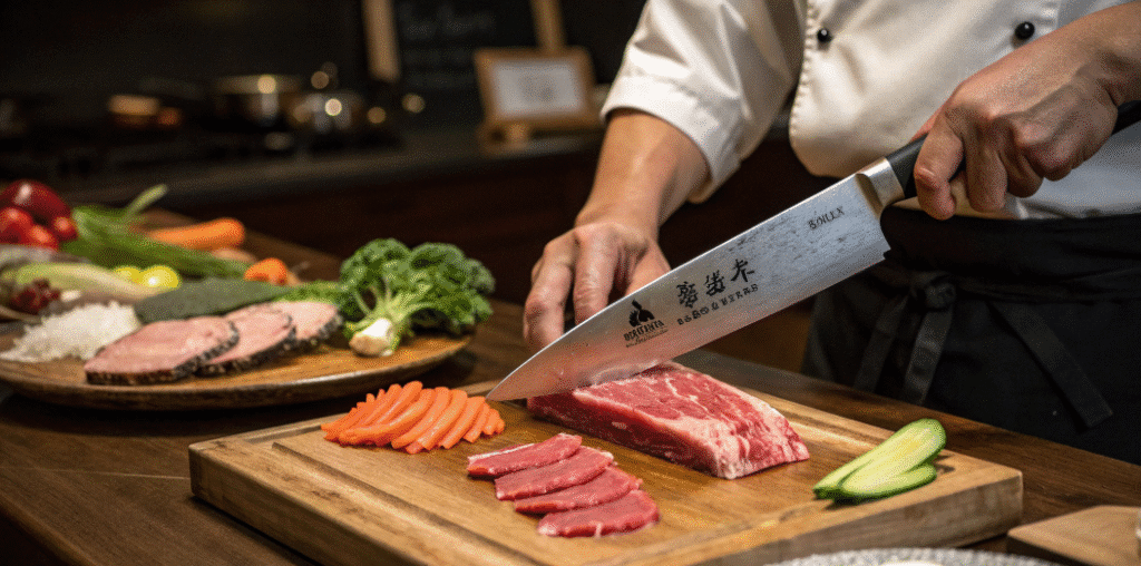 Masamoto History - Japanes Knives Tips The image depicts the rich history of Masamoto, a premier brand known for its traditional Japanese knives, favored by professional and celebrity chefs alike. Highlighting the craftsmanship involved in creating extremely sharp carbon steel blades, the image showcases the durability and performance of the Masamoto KS series, ideal for cutting various ingredients like meat, fish, and vegetables.