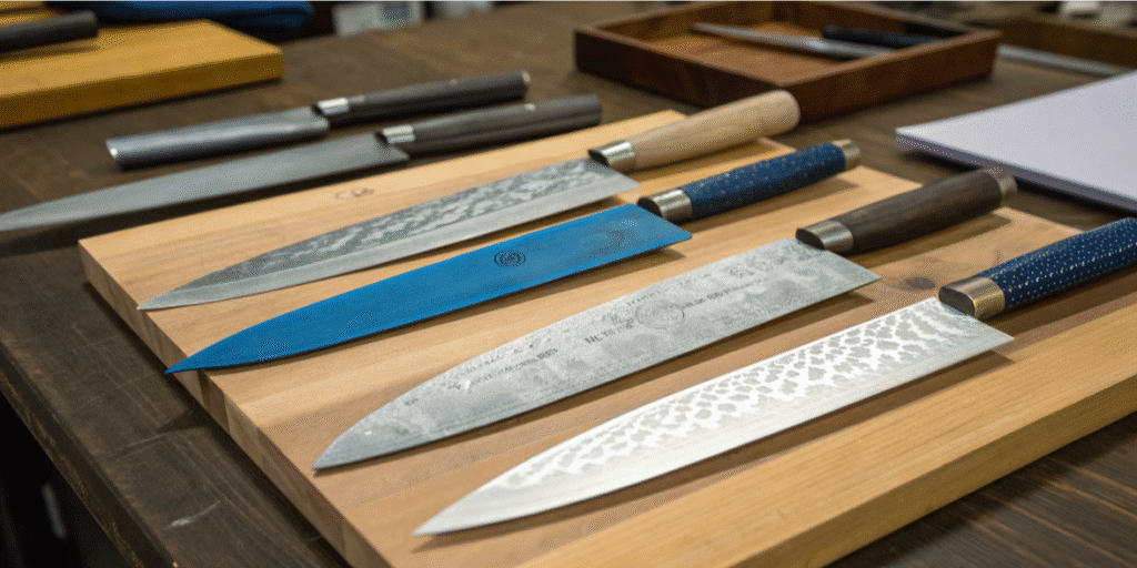 Paper Steel Production - Japanes Knives Tips The image showcases the intricate process of Japanese knife making, highlighting blue paper steel and white paper steel as key materials known for their excellent edge retention and sharpness. It depicts the steps of forging, heat treatment, and finishing, emphasizing the blend of science and tradition that creates durable, high-performance kitchen knives.