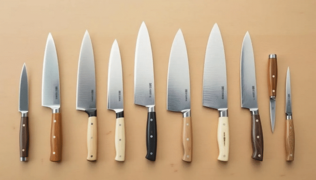 Row of Takamura Knives - Japanes Knives Tips The image showcases a collection of Takamura knives, highlighting their exceptional sharpness and traditional Japanese craftsmanship. Each knife, including the chef's knife and santoku, features a perfectly balanced design and durable stainless steel blades, making them ideal for both professional chefs and home cooks.