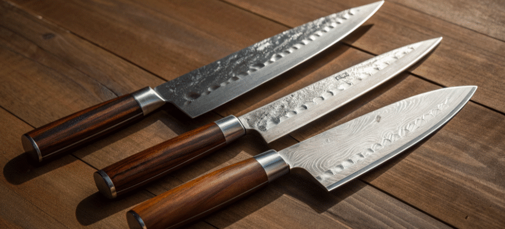 Three Santoku knifes on a wooden table.