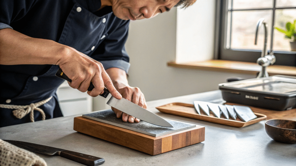 Sharpening - Japanes Knives Tips An image depicting a person sharpening a Kikuichi knife on a whetstone, emphasizing the care and techniques involved in maintaining Japanese knives. The scene highlights the importance of proper blade maintenance for optimal performance in the kitchen.