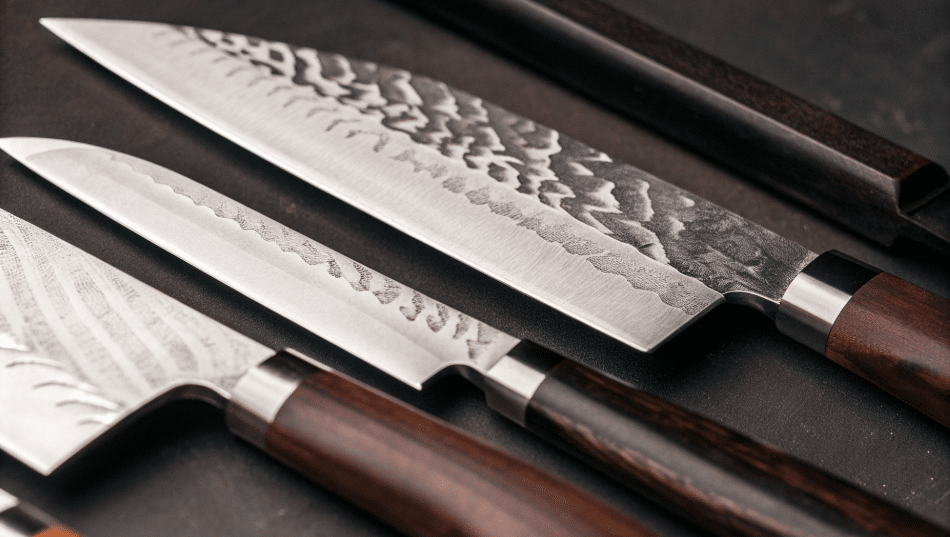 The image showcases a collection of Japanese knives, including the versatile kiritsuke knife, known for its sharp edge and angled tip, ideal for precision tasks like slicing fish and chopping vegetables. Each knife reflects exceptional craftsmanship, highlighting the artistry and durability that make these tools essential for both professional chefs and home cooks.