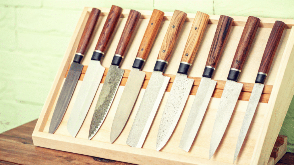 Storing Japanese Knives - Japanes Knives Tips The image depicts a collection of traditional Japanese knives stored safely in a wooden knife block, highlighting the importance of proper maintenance to prevent rust and maintain sharpness. The knives, featuring carbon steel blades and wooden handles, are organized neatly to ensure easy access while protecting their edges.