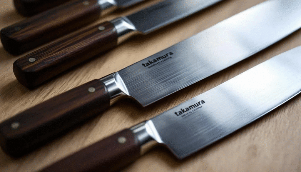 Takamura Knives Materials - Japanes Knives Tips The image showcases various takamura knives, highlighting their traditional Japanese craftsmanship and the superior sharpness of their stainless steel blades. Each knife is designed for professional chefs and home cooks alike, emphasizing excellent edge retention and a perfectly balanced feel for optimal performance in the kitchen.